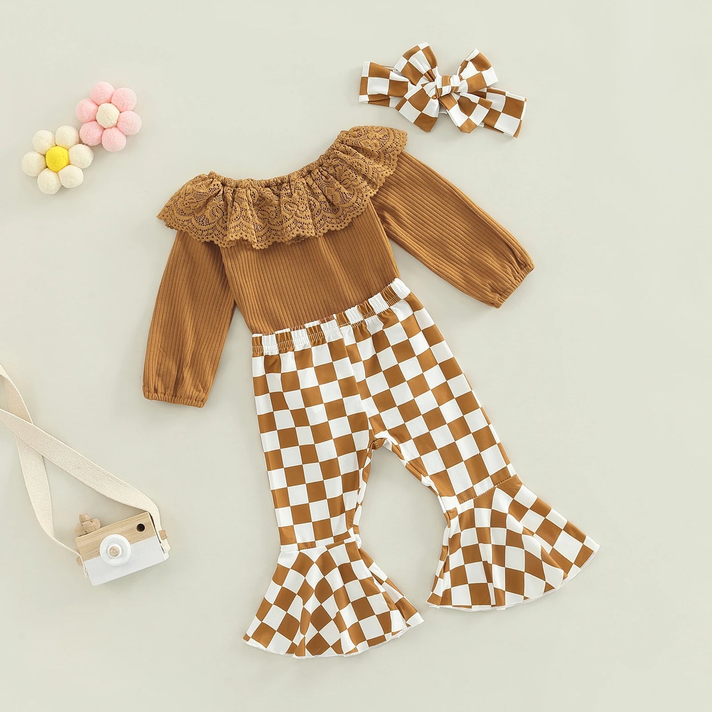 Girls Ribbed Lace Collar Top Checkerboard Flare Pant Bow Set
