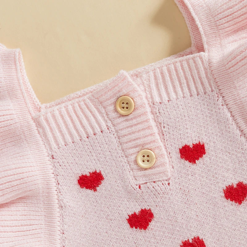 Girls Ruffle Sleeve Heart Knit Romper