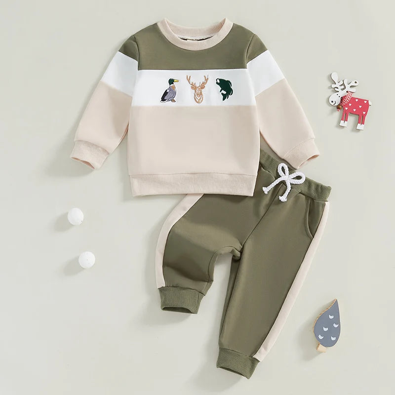 Boys Embroidered Duck/Deer/Fish Sweatshirt Pant Set