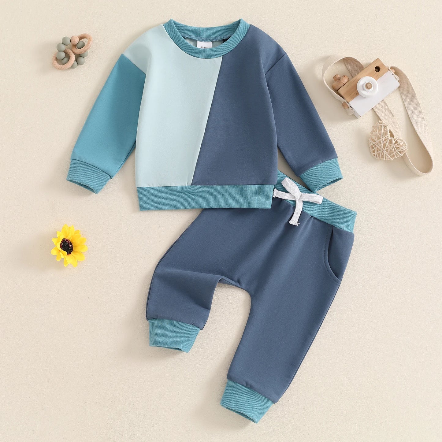 Boys Diagonal Color Patchwork Sweatshirt Pant Set