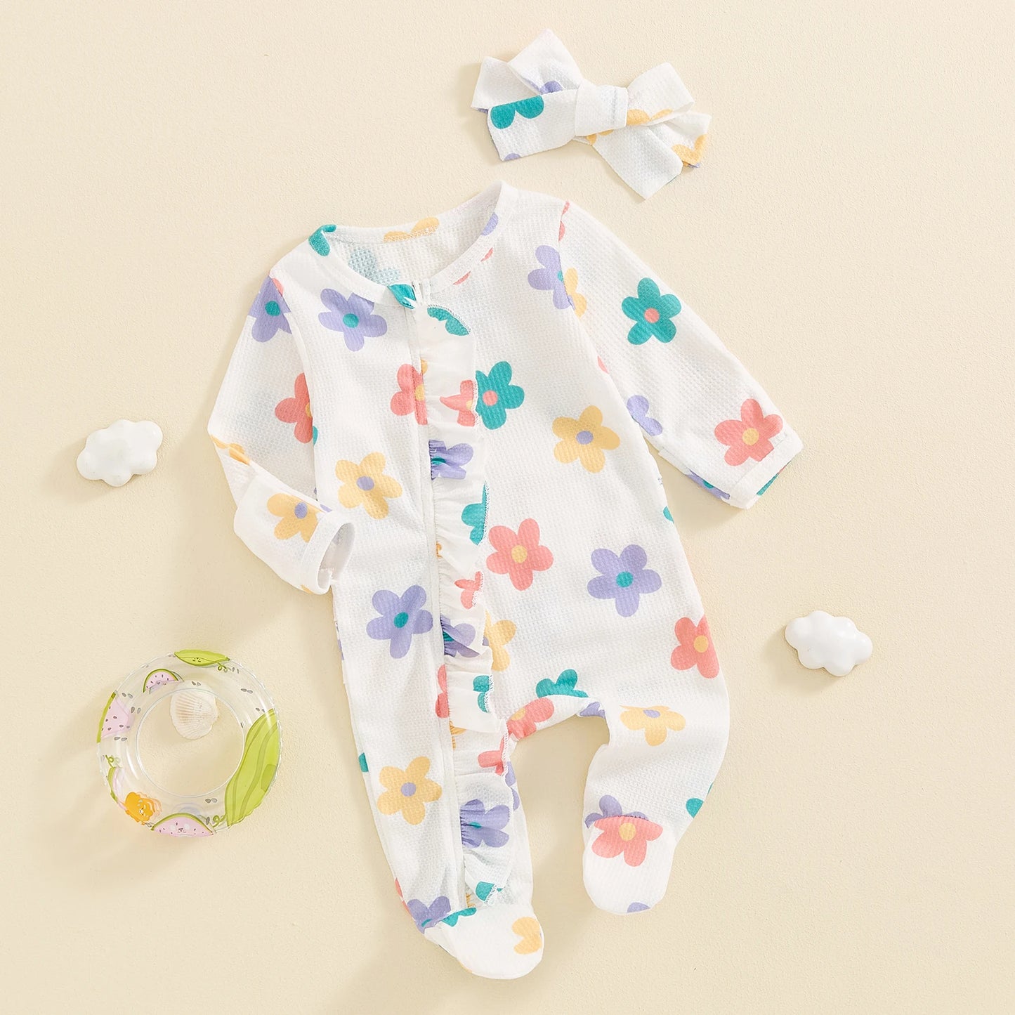 Baby Girls Flower Print Ruffled Zip Footie Pajamas Bow Set