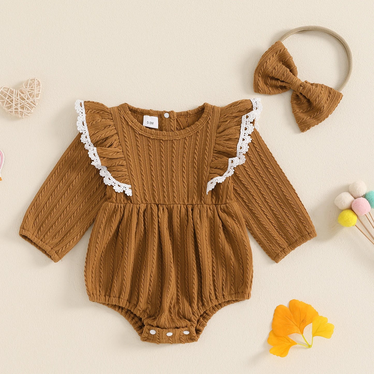 Girls Lace Trim Ruffled Knit Bubble Bow Set