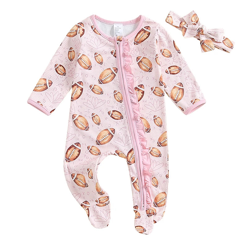 Baby Girls Football Print Footie Zip Pajama Bow Set