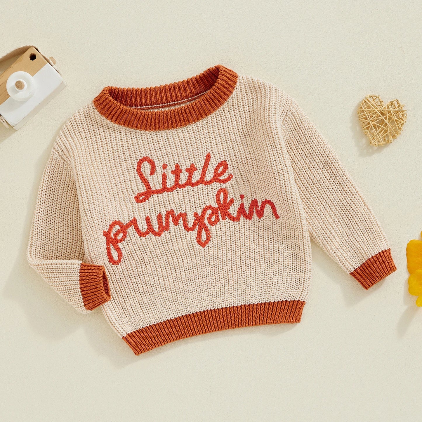 Little Pumpkin Embroidered Script Contrast Knit Sweater, Unisex