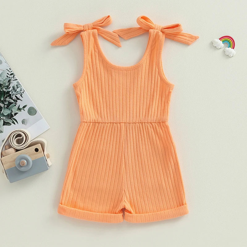 Girls Sleeveless Ribbed Pocket Rompers