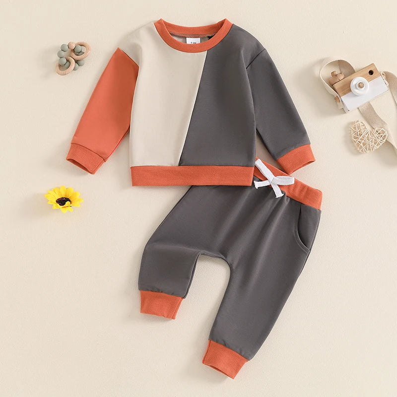 Boys Diagonal Color Patchwork Sweatshirt Pant Set