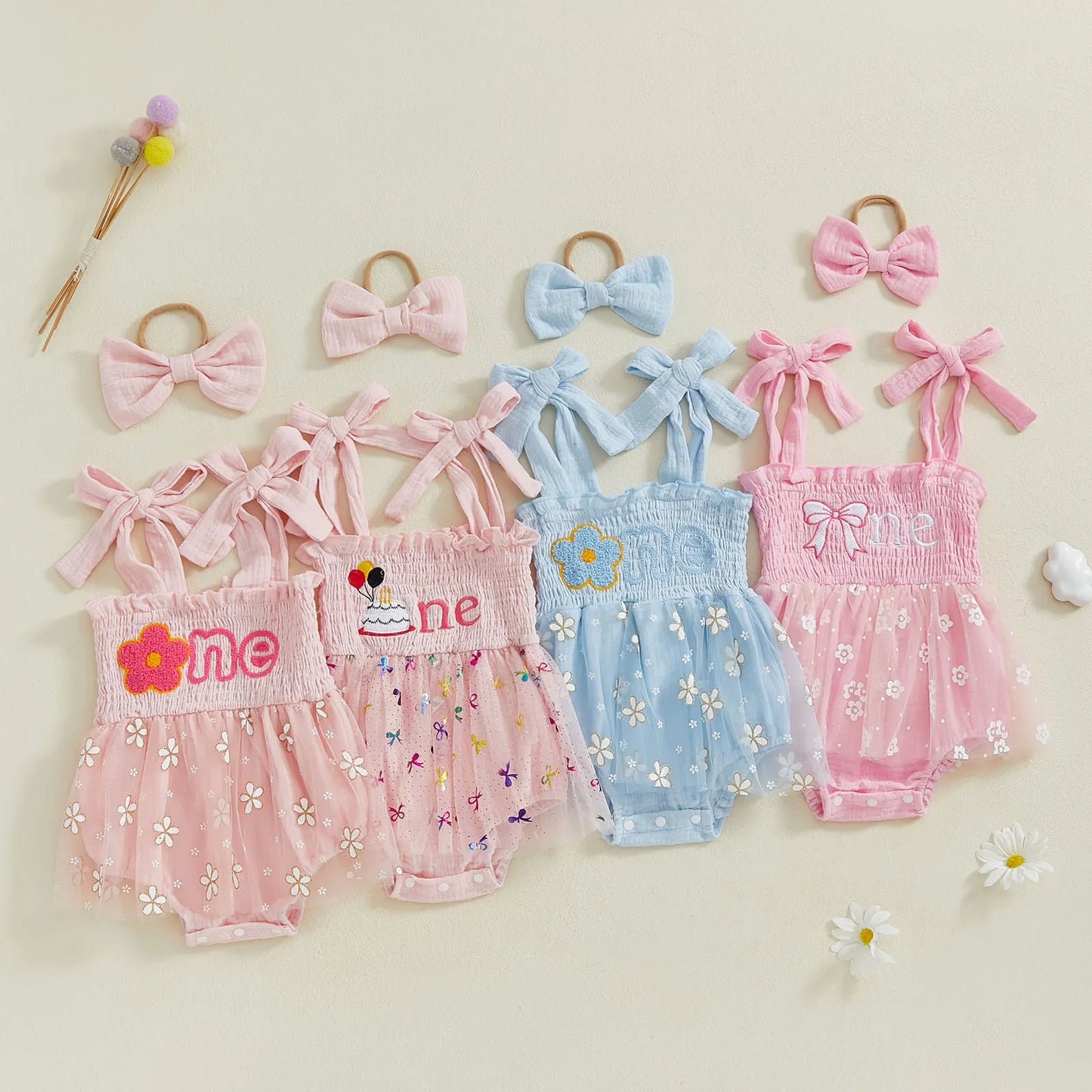 Girls "One" First Birthday Dress Bow Set