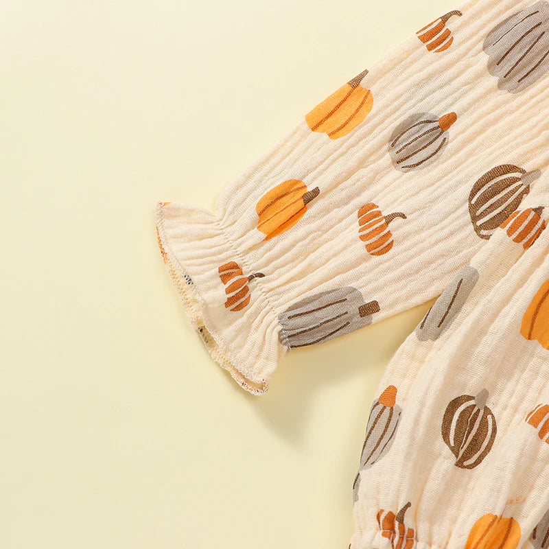 Girls Pumpkin Print Ruffled Shoulder Bubble Bow Set