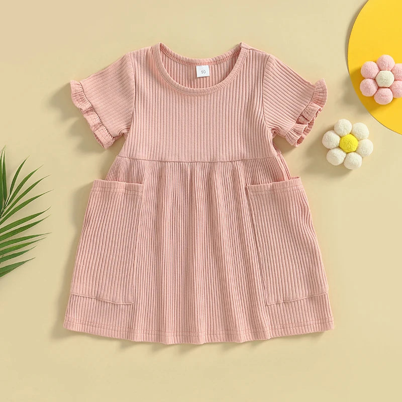 Girls Ribbed Ruffle Pocket Dress
