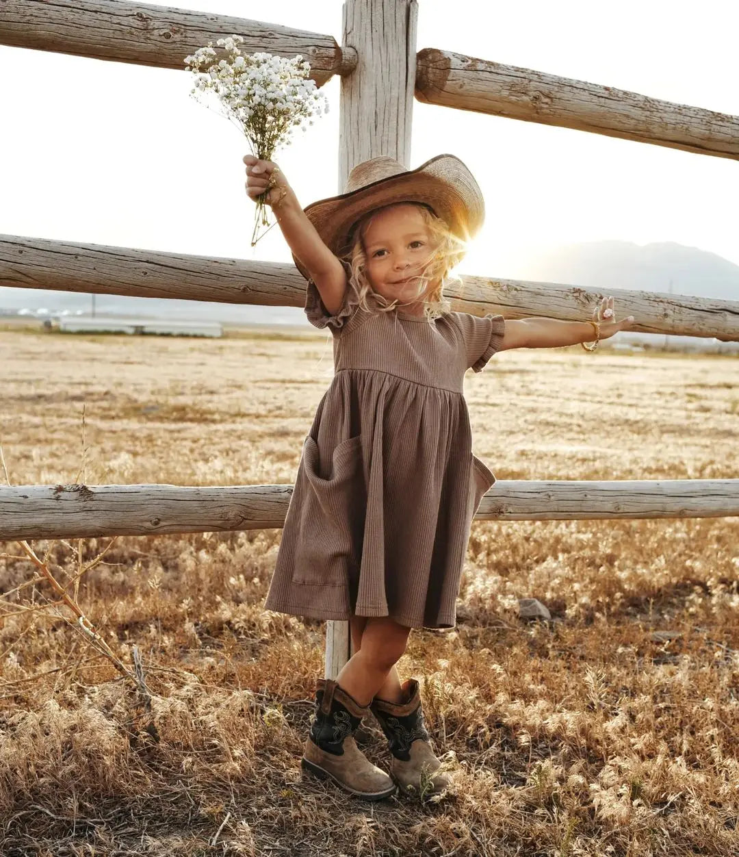 Girls Ribbed Ruffle Pocket Dress