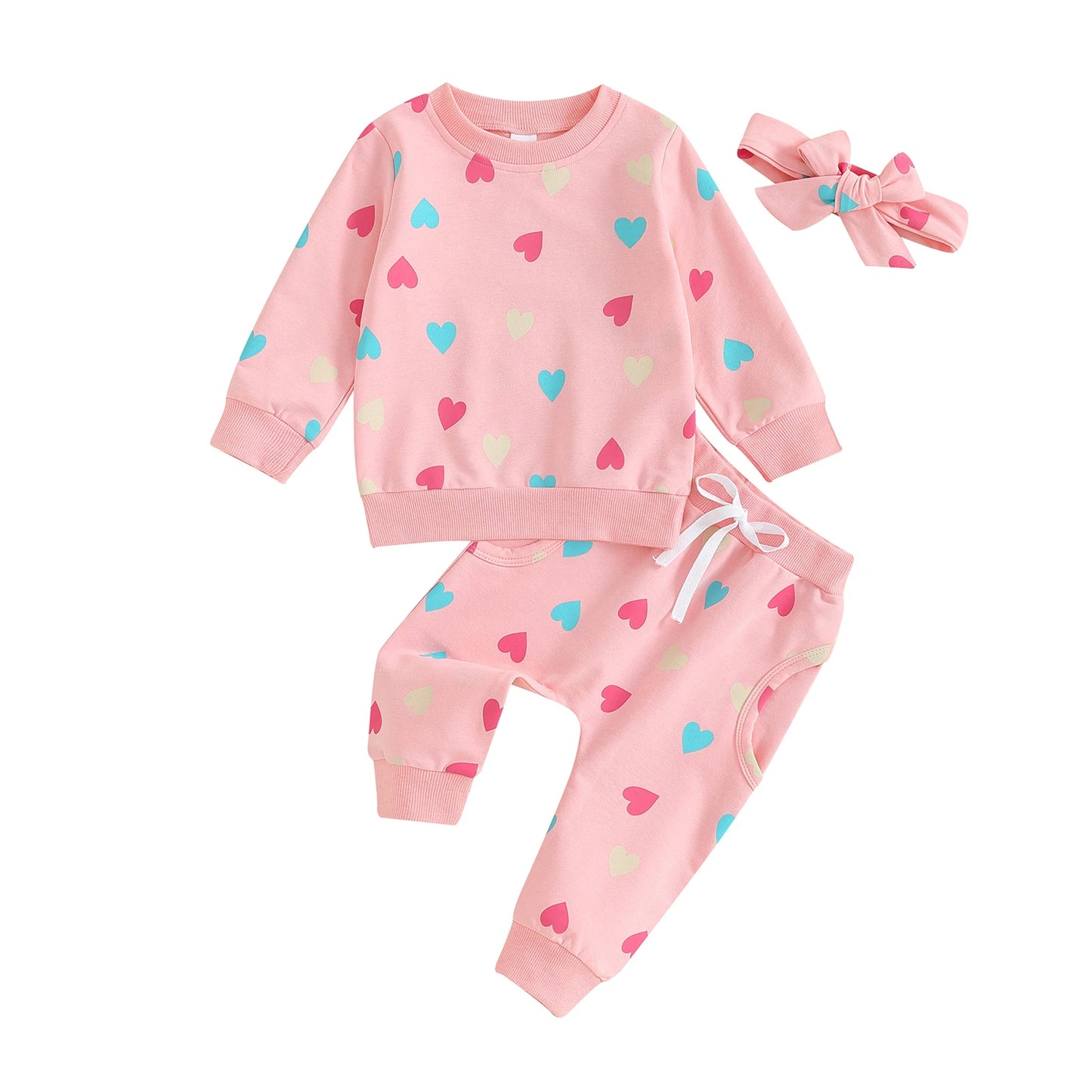 Girls Heart Print Sweatshirt Pant Bow Set