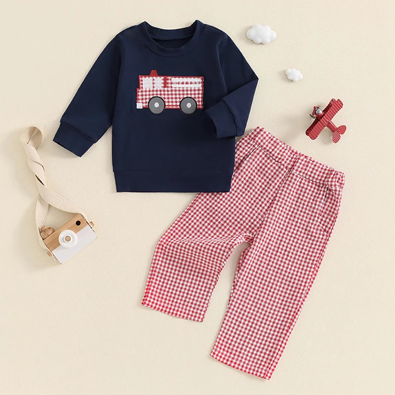 Boys Firetruck Embroidered Long Sleeve Outfit