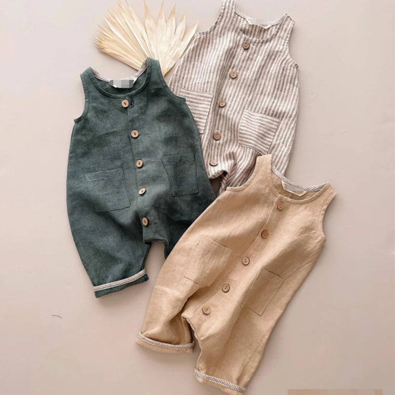 Sleeveless Pocket Button Romper, Unisex