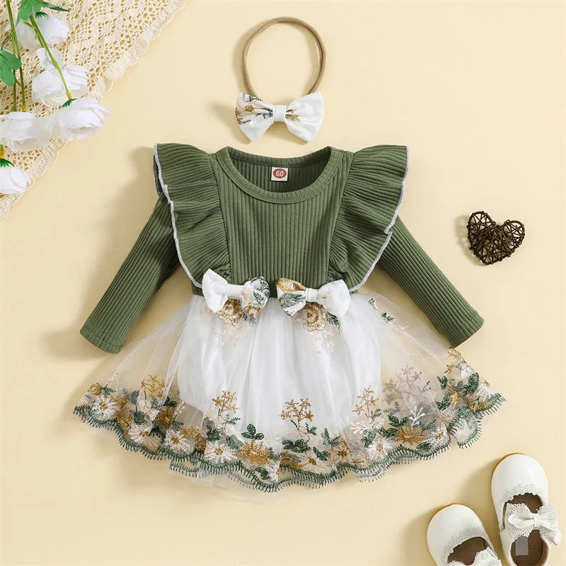 Girls Flying Sleeve Embroidered Flower Dress Bow Set