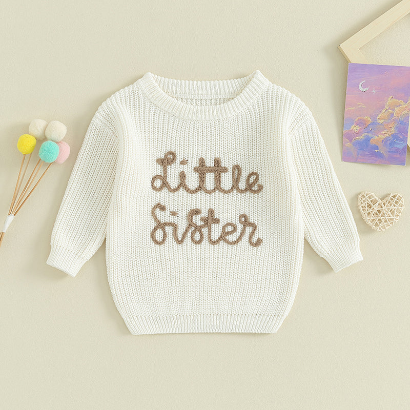 Girls Embroidered Little Sister Script Knit Sweater