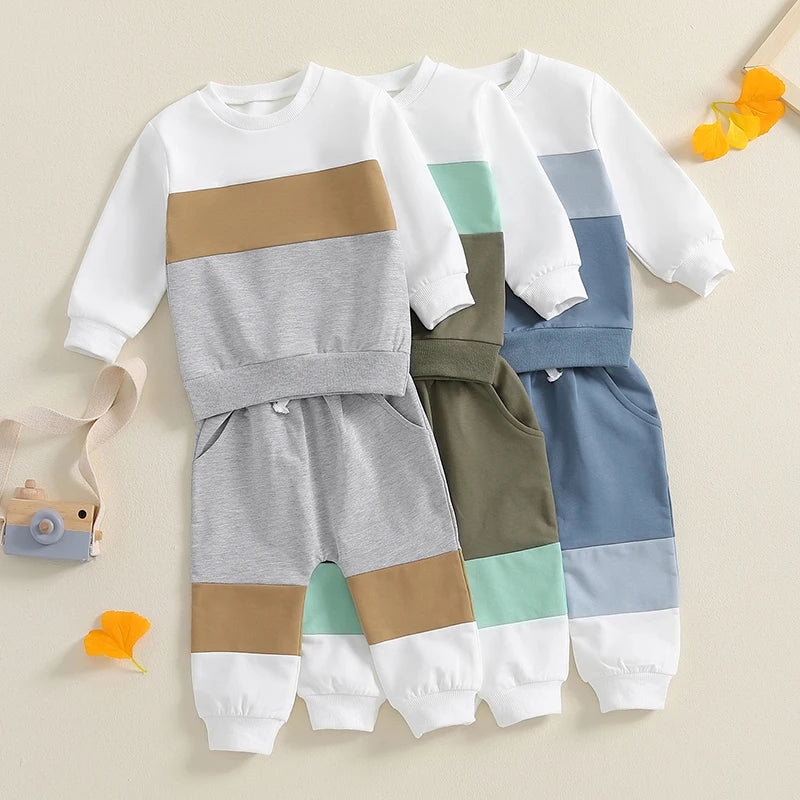 Boys Contrast Color Block Sweatshirt Pant Set