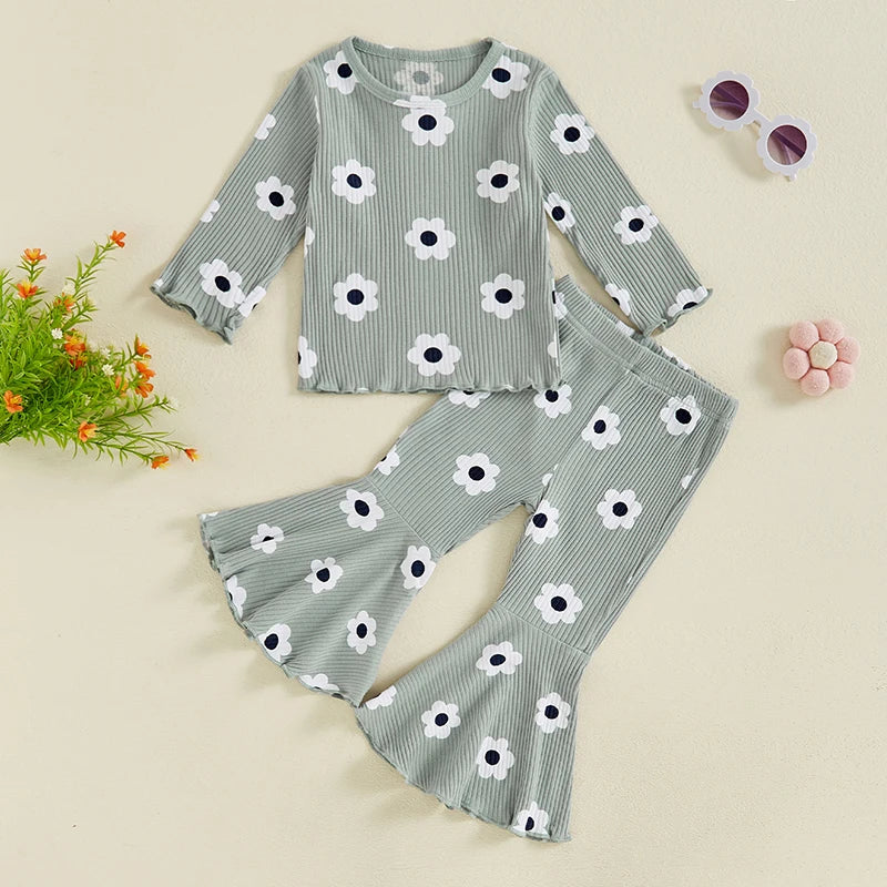 Girls Ribbed Flower Top and Flare Pant Set