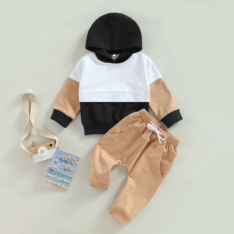 Boys Color Patchwork Hoodie Pant Set