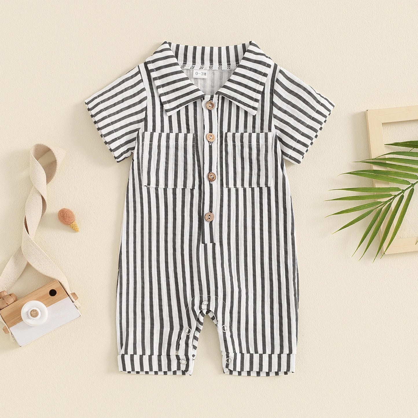 Boy Collared Striped Pocket Romper