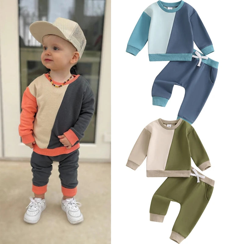 Boys Diagonal Color Patchwork Sweatshirt Pant Set