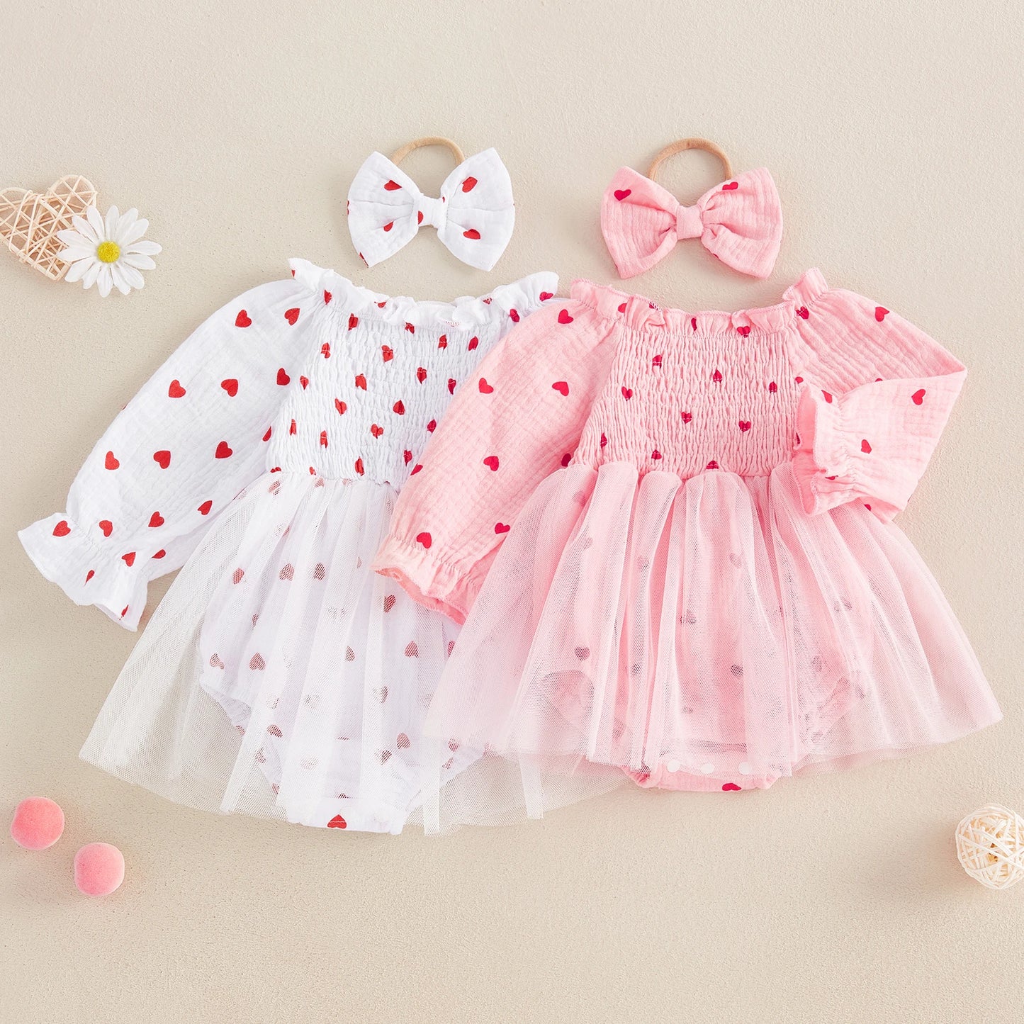 Girls Heart Print Tulle Dress Bow Set