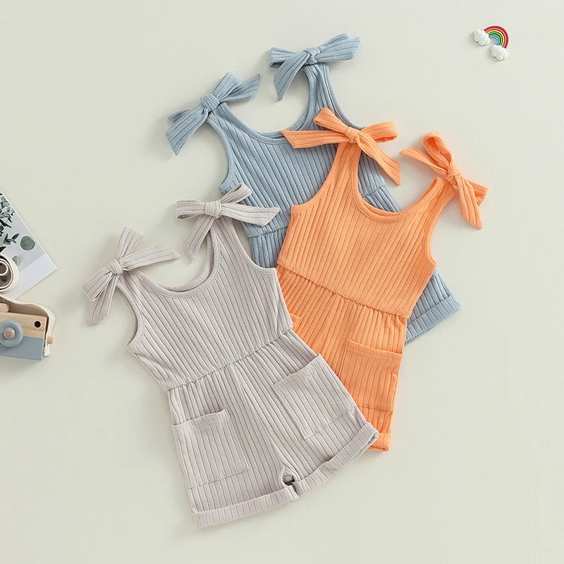Girls Sleeveless Ribbed Pocket Rompers