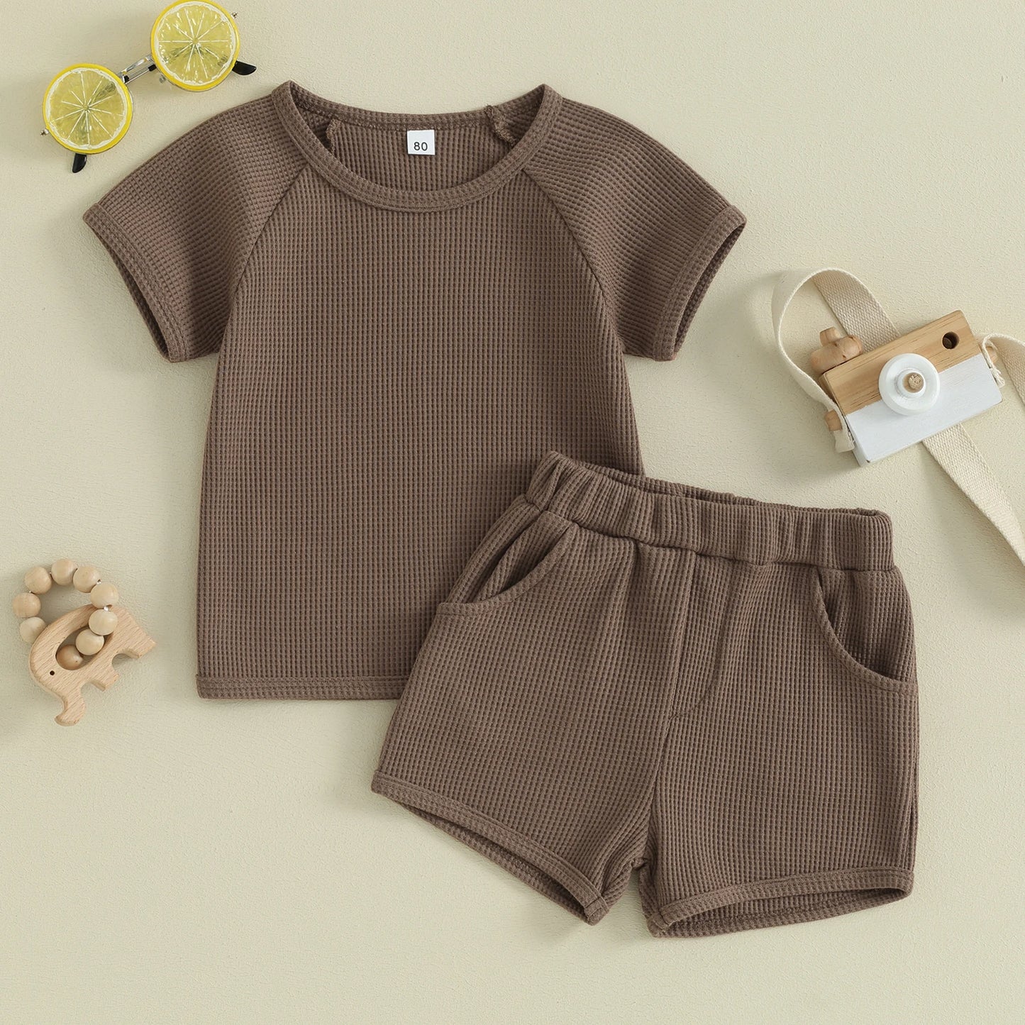 Boys Waffle Knit Earthtone Shirt Shorts Set