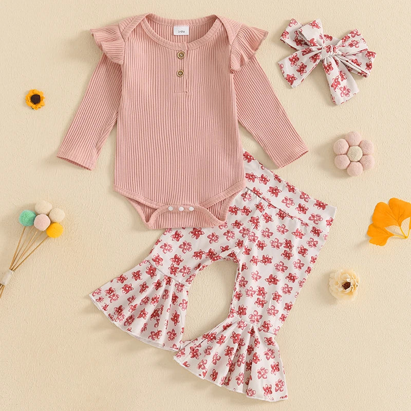 Girls Ribbed Ruffle Shoulder Top Floral Flare Pant Bow Set