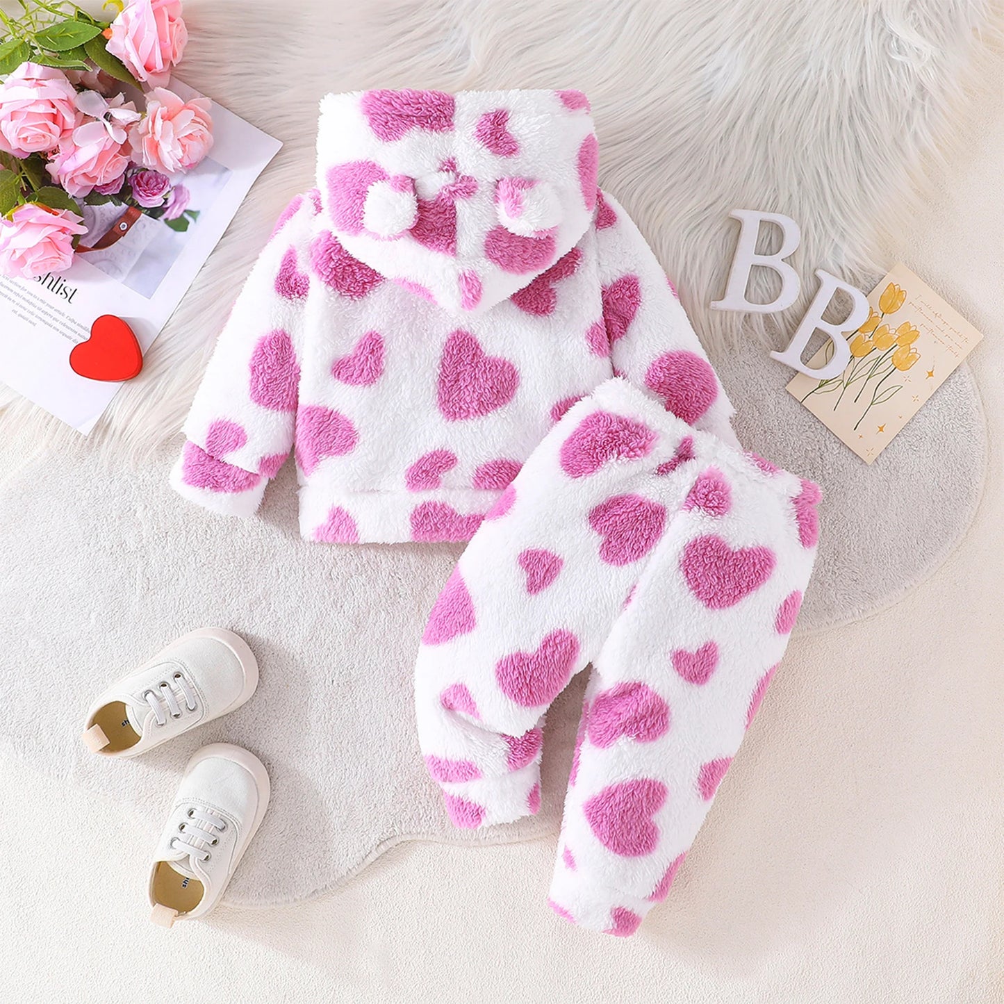 Girls Heart Print Plush Fleece Hoodie Pant Set