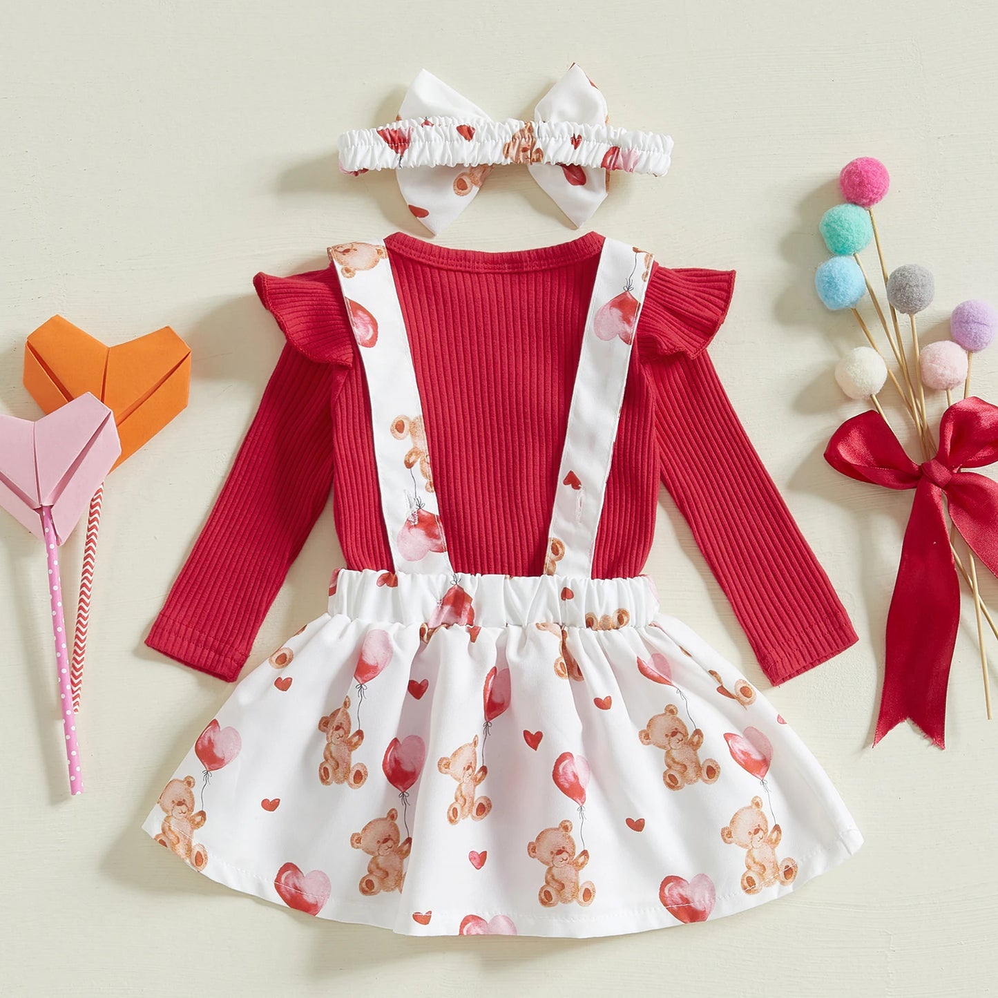 Girls Ribbed Ruffle Sleeve Heart Bear or Bow Print Suspender Skirt Bow Set