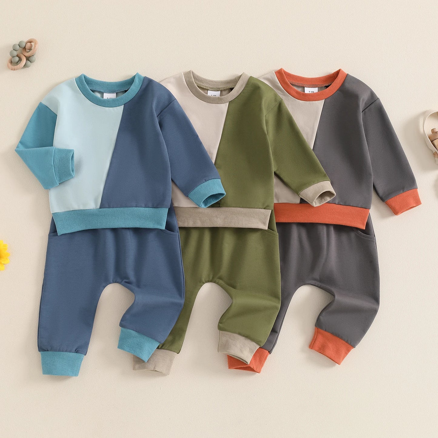 Boys Diagonal Color Patchwork Sweatshirt Pant Set