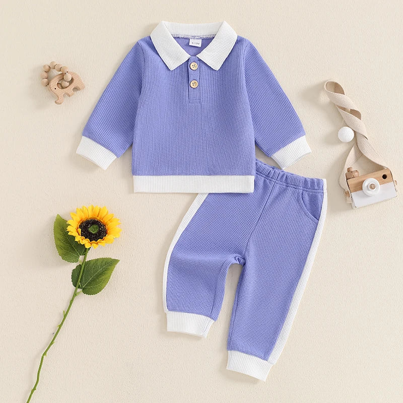 Boys Waffle Knit Collared Top Pant Set