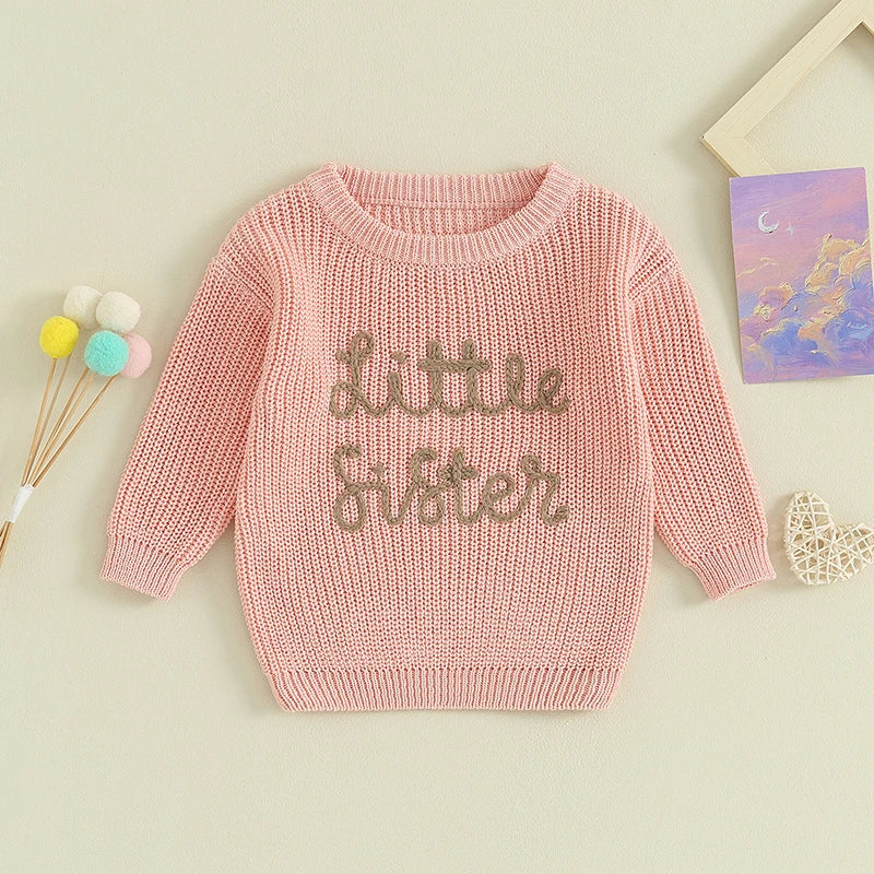 Girls Embroidered Little Sister Script Knit Sweater
