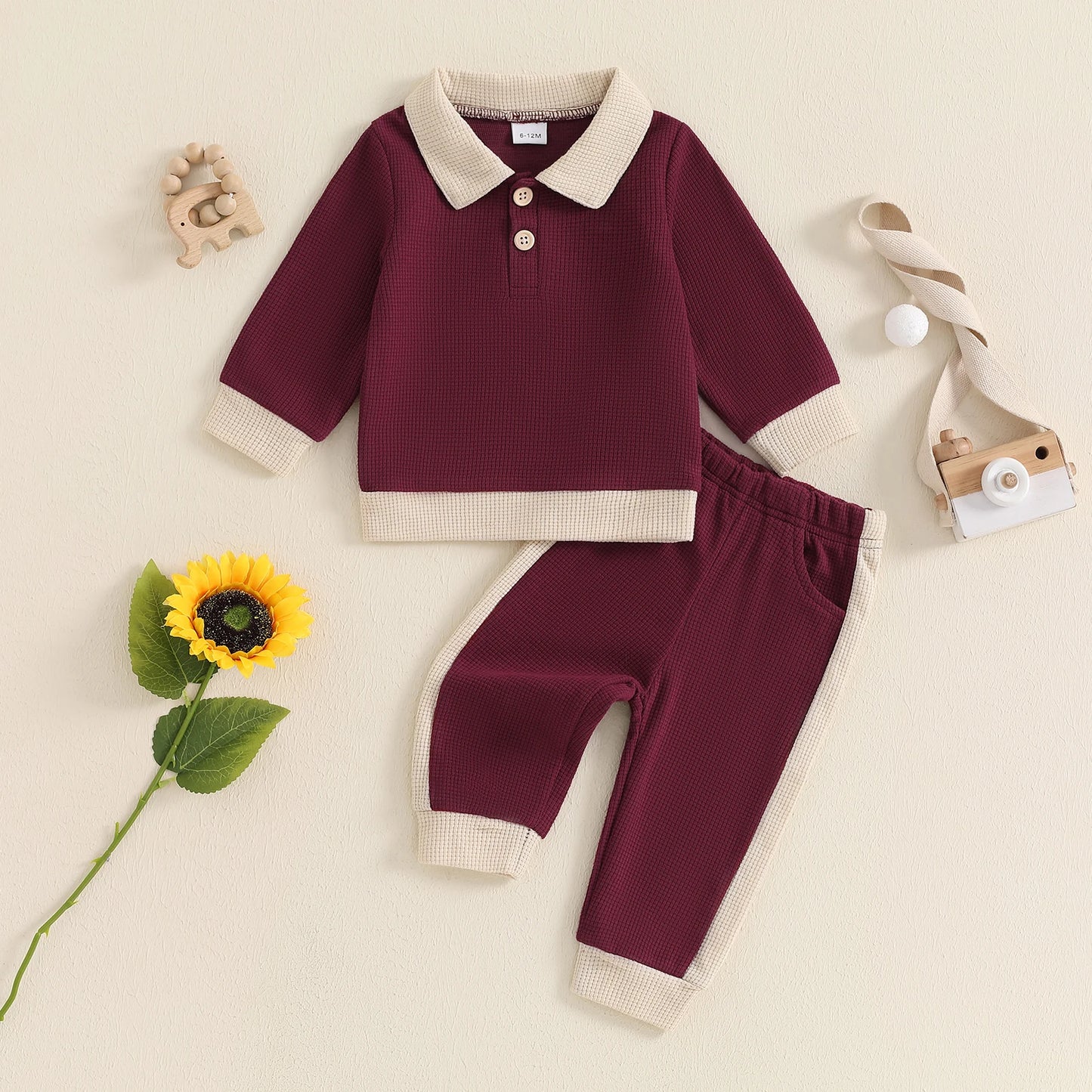 Boys Waffle Knit Collared Top Pant Set