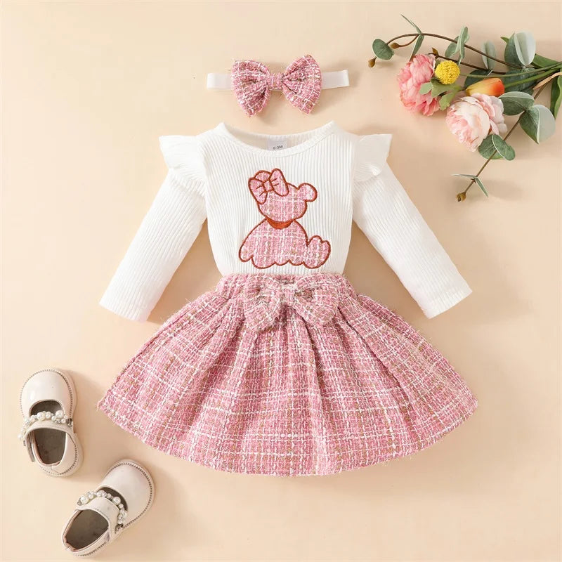Girls Embroidered Bear Ruffle Sleeve Top Plaid Skirt Bow Set
