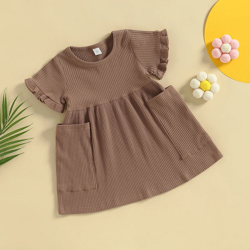 Girls Ribbed Ruffle Pocket Dress