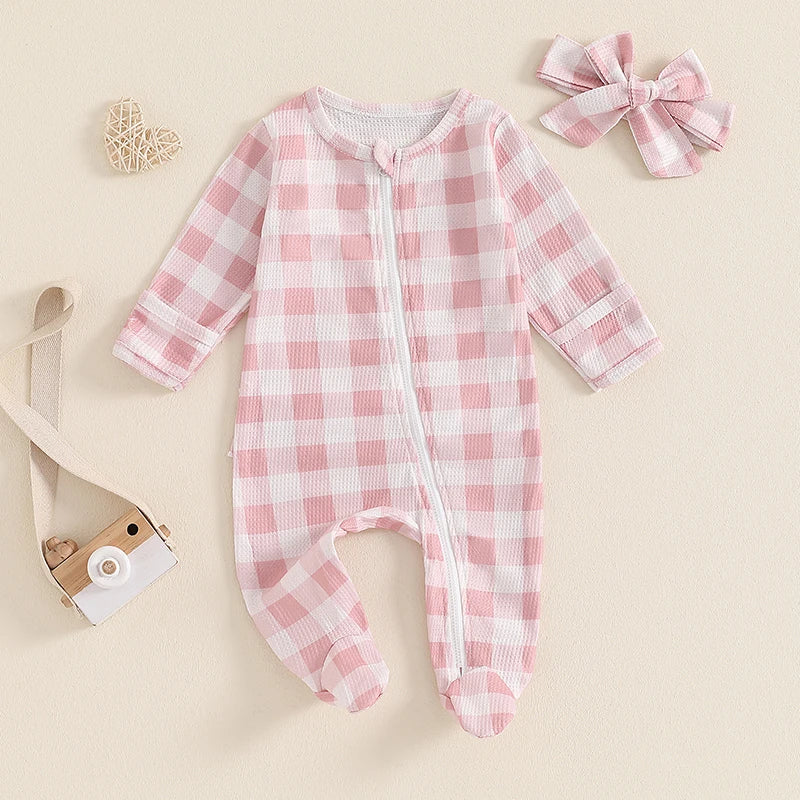 Girls Waffle Knit Plaid Ruffle Zip Footie Pajama Bow Set