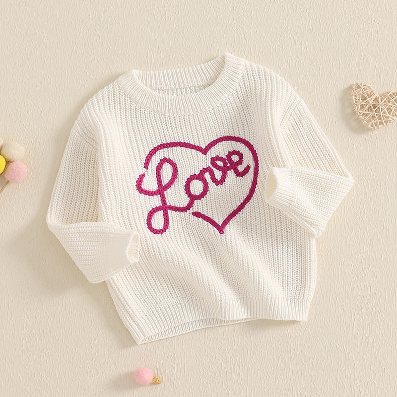 Girls Embroidered Love Script Knit Sweater