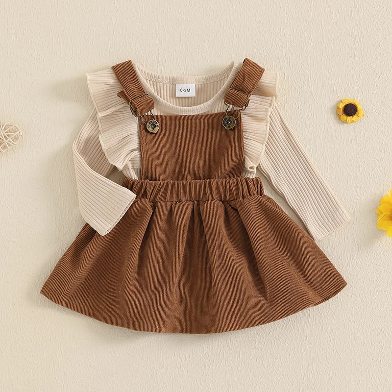 Girls Ribbed Ruffle Top Corduroy Suspender Dress Set