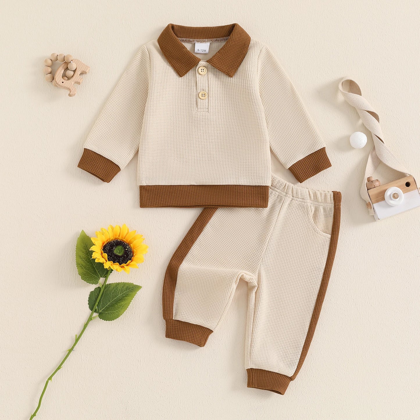 Boys Waffle Knit Collared Top Pant Set