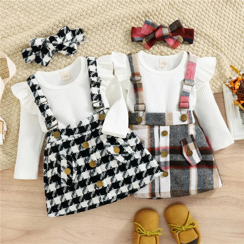 Girls Ruffled Romper, Houndstooth/Plaid Skirt, Bow Set