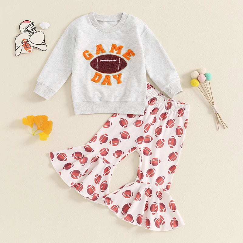 Girls Embroidered Football Top Flared Pants Set