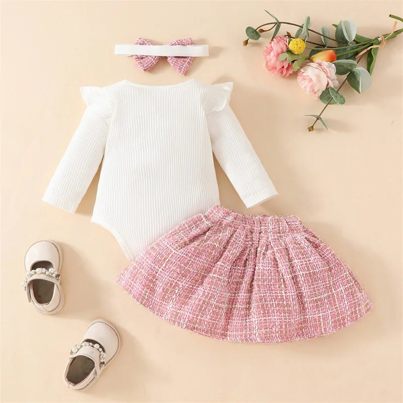 Girls Embroidered Bear Ruffle Sleeve Top Plaid Skirt Bow Set