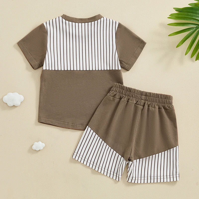 Boys Casual Striped Print Patchwork Shirt Shorts Set