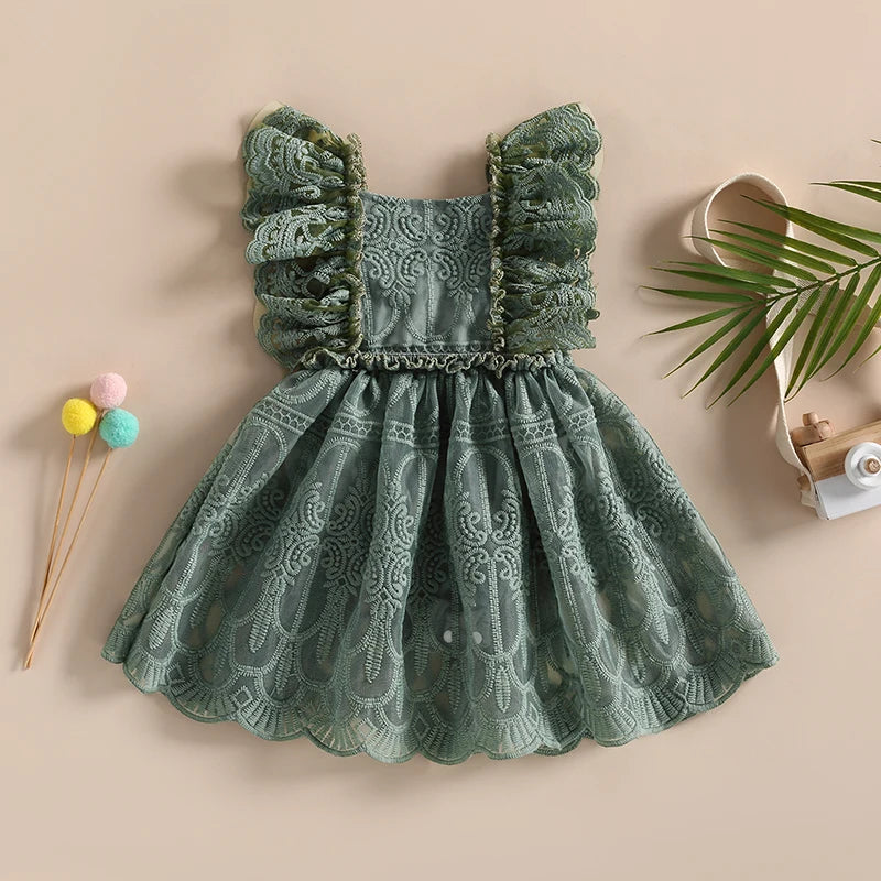 Girls Fall Mesh Lace Ruffle Dress