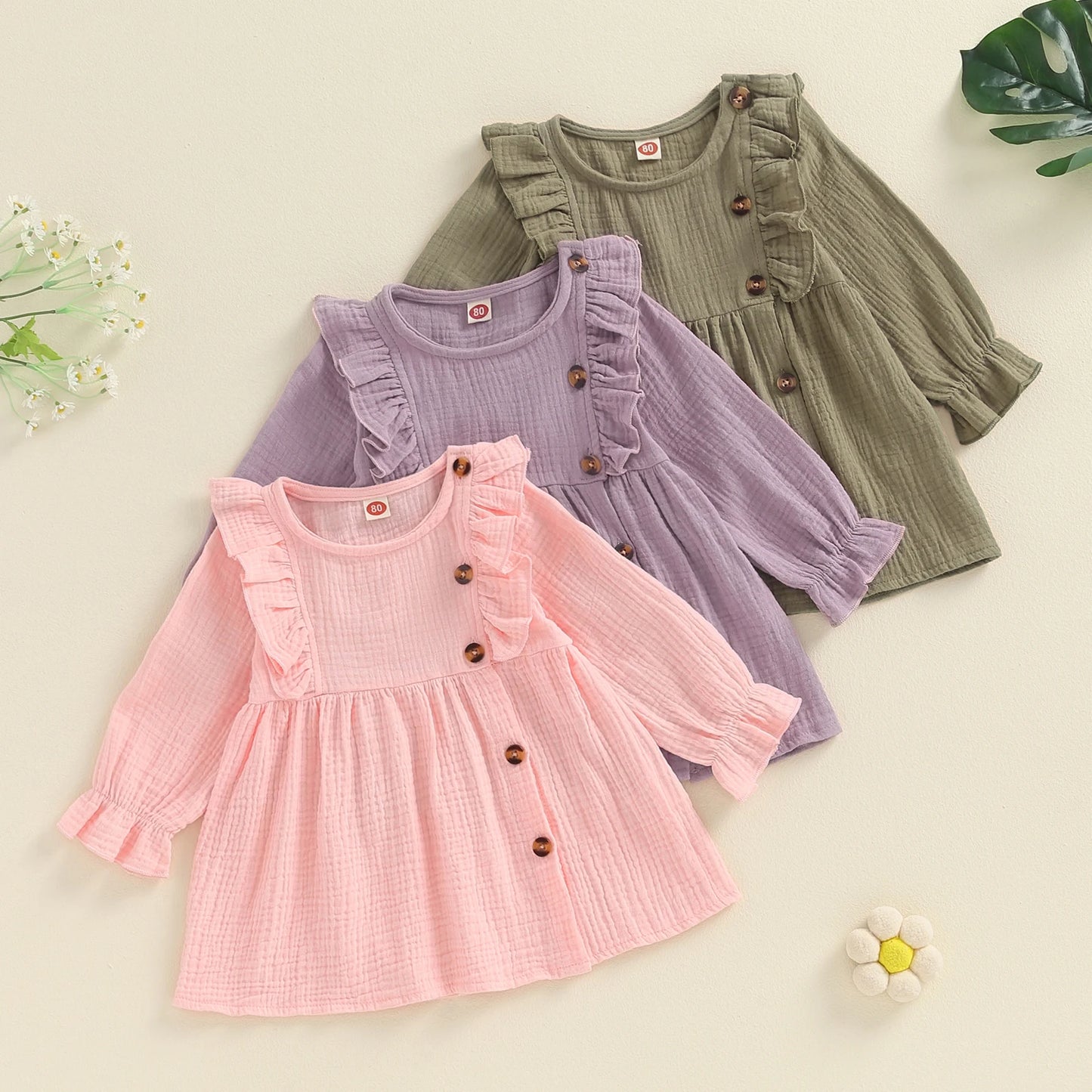 Girls Ruffle Shoulder Button Dress