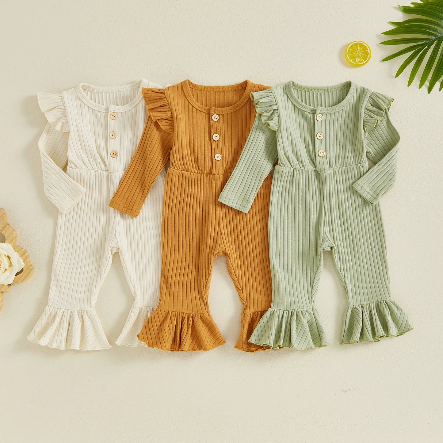 Girls Fall Ribbed Flare Jumpsuits