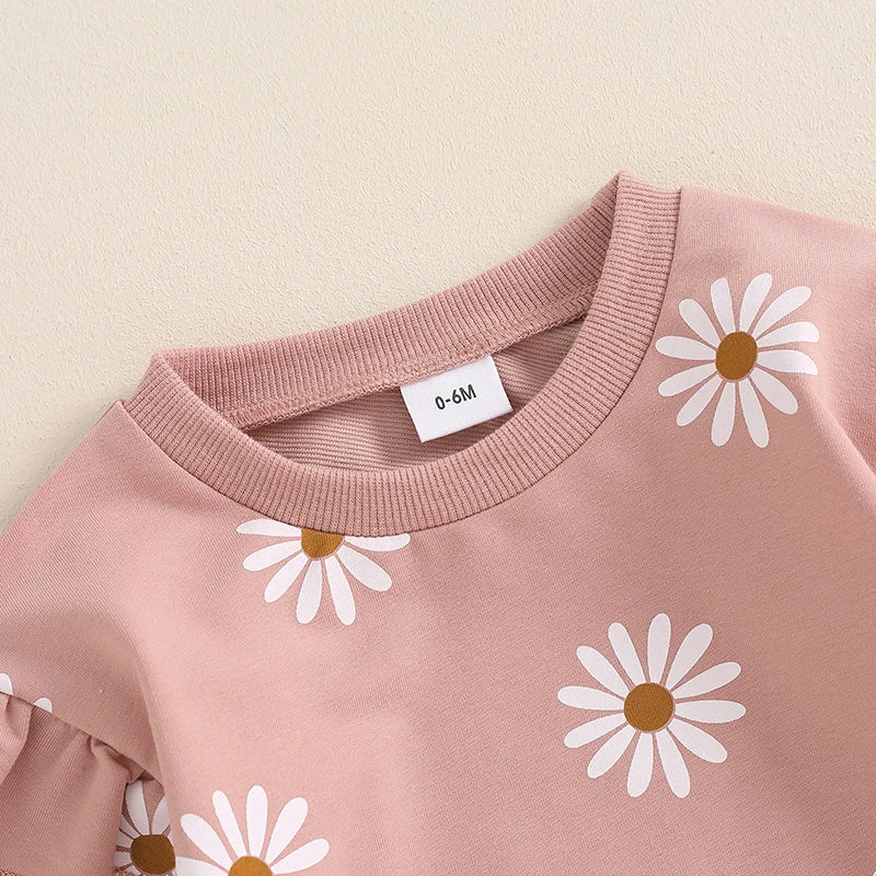 Girls Ruffle Shoulder Daisy Print Sweatshirt Pant Set