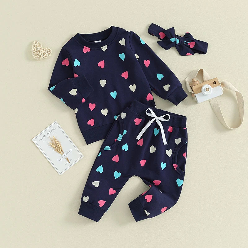 Girls Heart Print Sweatshirt Pant Bow Set