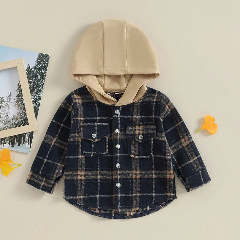 Boys Plaid Pocket Hoodie Jacket